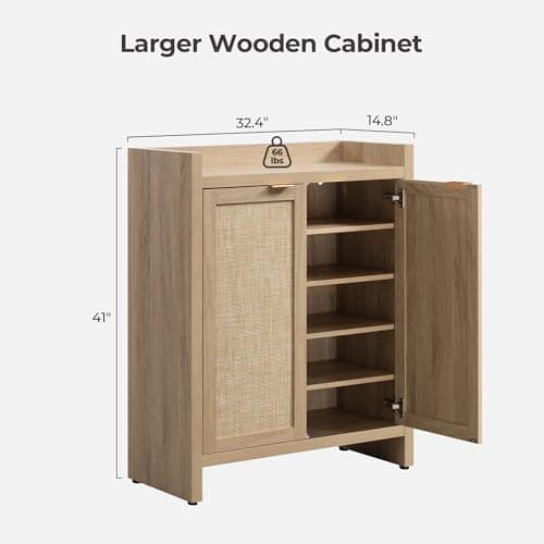 SICOTAS 6-Tier Rattan Shoe Cabinet, 41" Tall, 24 Pair Storage with Doors & Shelves, Light Oak Boho Entryway Closet Organ