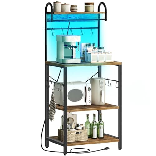 Microwave Stand with Power Outlets, LED Lights, 4-Tier Rack, Kitchen Storage, HB20BR Brown