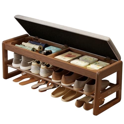 Walnut Wood 2-Tier Shoe Bench with Flip-Top Storage for Entryway