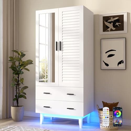 2 Door White Armoire Wardrobe with LED Lights & Large Storage