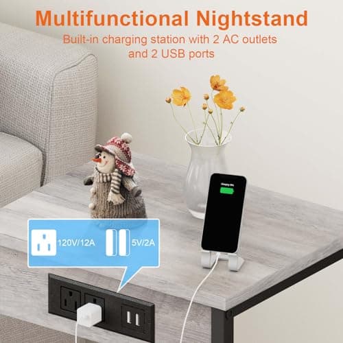 Fixwal End Table Set of 2 with Charging Station (Light Walnut Gray)