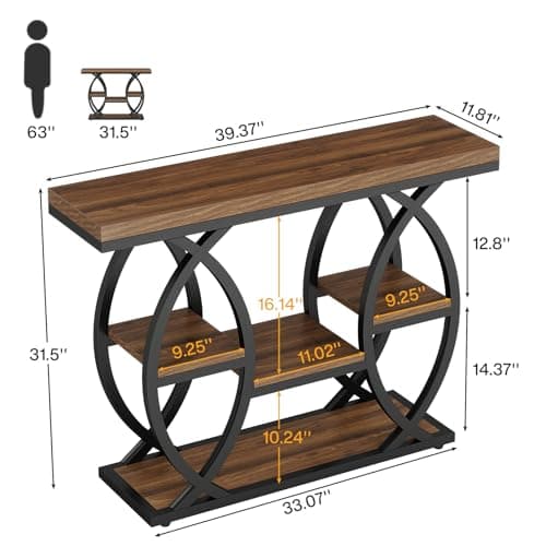 Tribesigns Industrial 4-Tier Console Table with Storage, Rustic Brown, Narrow Wood & Metal Frame