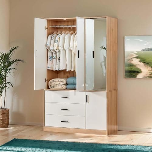 White Large Wood Armoire Wardrobe with 4 Doors 2 Drawers Shelves Hanging Rails