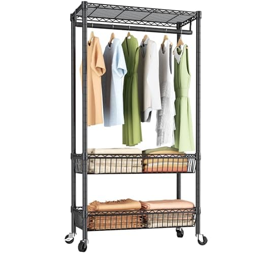 3-Tier Heavy Duty Wire Clothes Rack with Double Rods & Hooks, Freestanding Storage Wardrobe