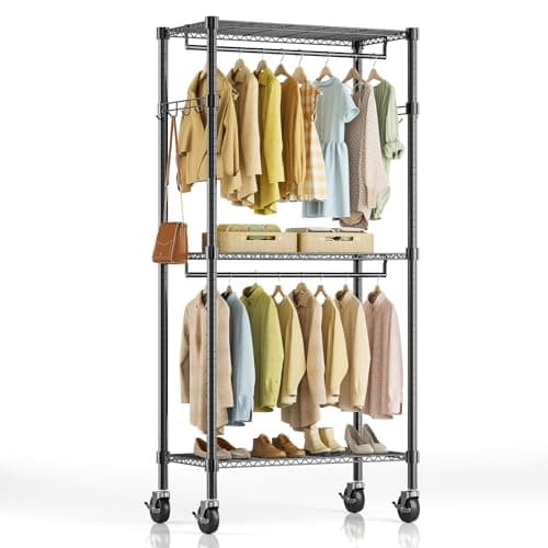 Heavy Duty Rolling Clothes Rack, 3-Shelf Black, 29.5" W x 75.6" H