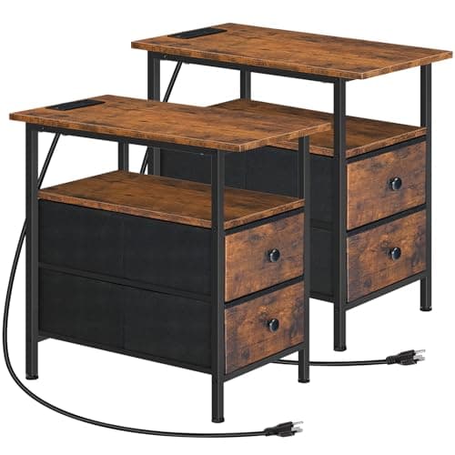 HOOBRO Adjustable End Table with Charging Station, Rustic Brown & Black, BF486UBZP201