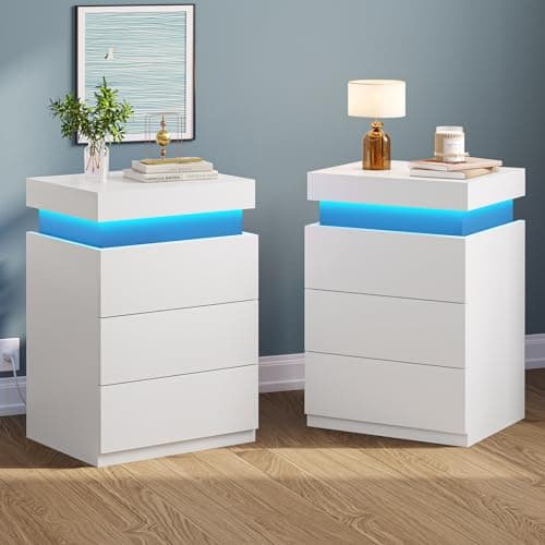 Modern Black Nightstand Set with Charging Station & Drawers
