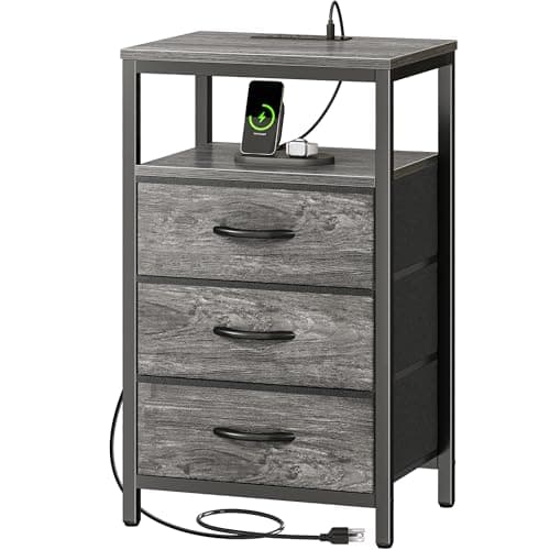 Huuger 33.9 Inch Tall Night Stand with Charging Station & 4 Drawers, Gray