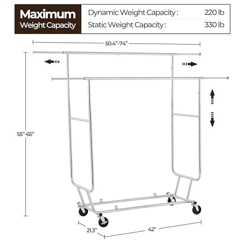 Yaheetech Heavy Duty Double Rail Rolling Clothes Rack, 74" L × 21.5" W × 65" H