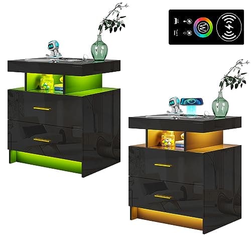 High Gloss Nightstand with USB/Wireless Charging, LED White Side Table with Storage Drawers
