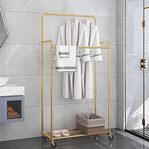 Heavy Duty Gold Rolling Clothing Rack with 4 Hooks for Hanging Clothes
