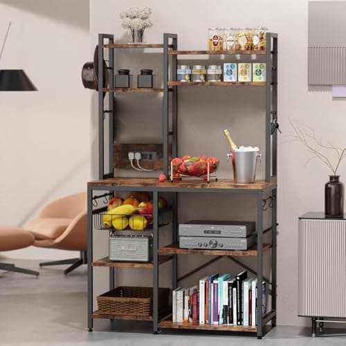 Rustic Brown Standing Baker’s Rack with Power Outlet & 6-Tier Stand