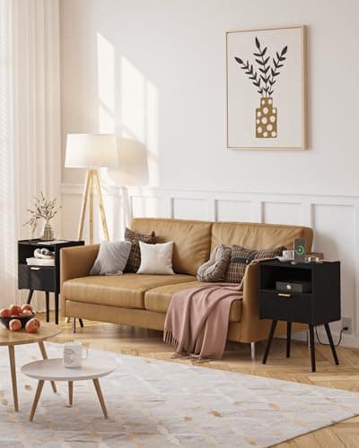 Black Modern Nightstand with Outlet and Storage, Solid Wood Legs, Easy Assembly