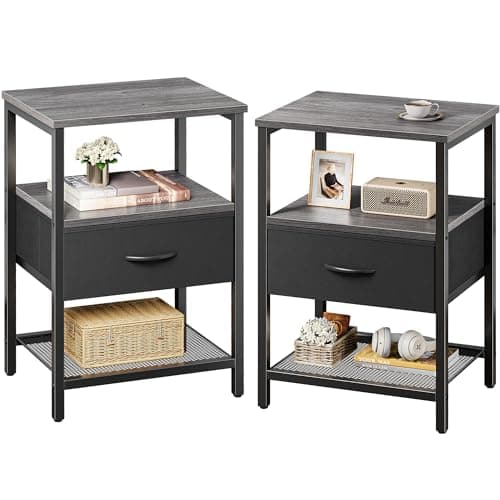 Huurger Nightstand Set of 2: Rustic Brown, Fabric Drawers & Mesh Shelf