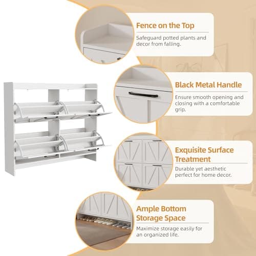 Freestanding Black Metal Handle Shoe Cabinet with 4 Flip Drawers, White & Wood Legs for Entryway