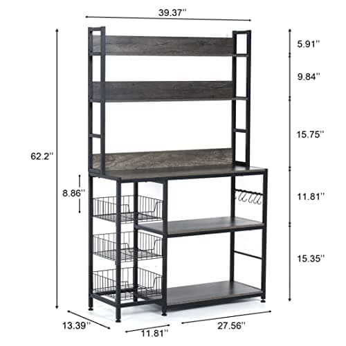 Vintage Grey 5-Tier Bakers Rack with Hooks & Baskets