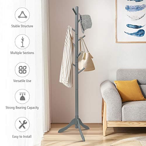 Tangkula Adjustable Height Wooden Tree Coat Rack with 8 Hooks