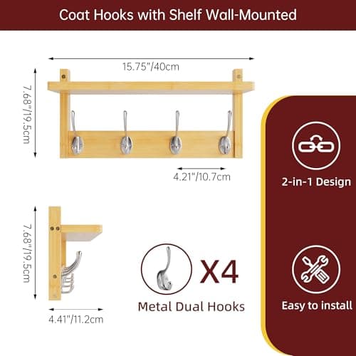 Bamboo Wall Mount Coat Rack with Shelf, 2 Pack, 8 Hooks (Natural)