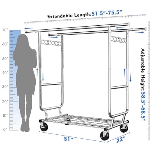 Raybee 620LBS Heavy Duty Clothing Rack with Wheels & Chrome Adjustment 22" x 76" x 69"