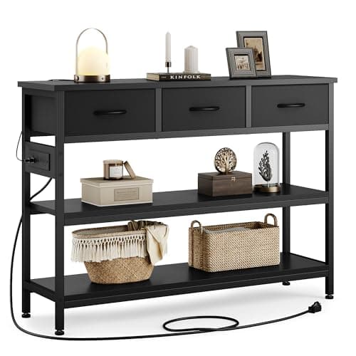 Lulive Adjustable Entryway Table with Power Outlets & 3 Drawers (Rustic Brown, 43")