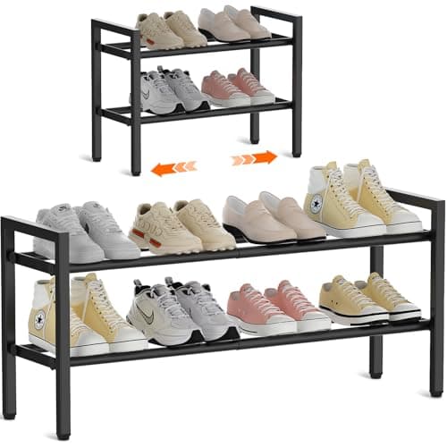 Expandable Metal 2-Tier Shoe Organizer, Black, Entryway Closet Storage
