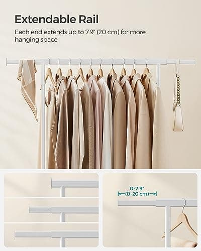 SONGMICS Portable Heavy-Duty Clothing Rack with Extendable Rail, 220 lb Load Capacity, White
