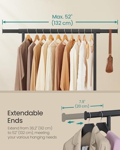 SONGMICS Portable Clothing Rack with Wheels, 220 lb Capacity, Extends Up to 52"