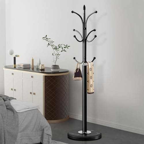 Black Freestanding Metal Coat Rack with 12 Hooks and Natural Marble Base