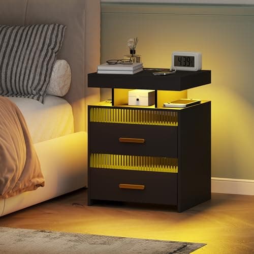Modern Wood Nightstand with Charging and LED Lights, 2 Drawers, Black