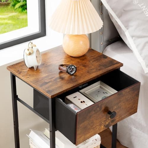 AMHANCIBLE Rusic Brown Night Stand Set with Fabric Drawer HET03SDBR