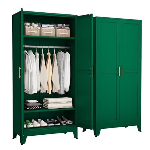 71" Green Metal Storage Cabinet with 2 Doors & Drawers, Hanging Rods for Home Office, Bedroom, Living Room