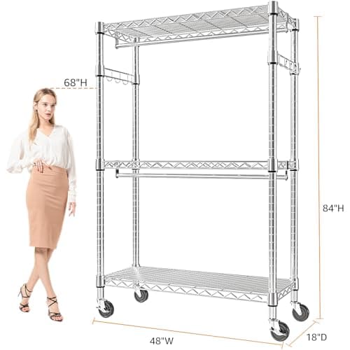 MZG Heavy Duty Rolling Clothes Rack 3 Tiers Adjustable Wire Shelving 17.7"x47.2"x83.6" Chrome