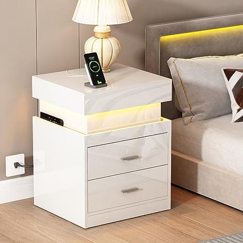 ChooChoo Smart Nightstand with Charging, Sliding Top Storage, 2-Drawers, Modern Bedside Table, White