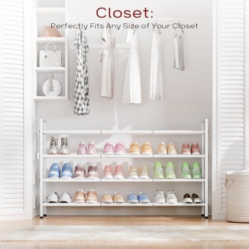Sturdy White Metal 4-Tier 18"-44" Adjustable Shoe Rack, Stores 20-24 Pairs