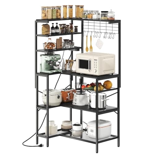 Black L-Shaped Bakers Rack with Power Outlet & Mesh Grid