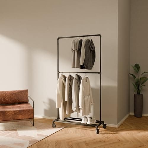 LAS ROLL Heavy Duty Clothes Rack with Wheels - Industrial Metal Black