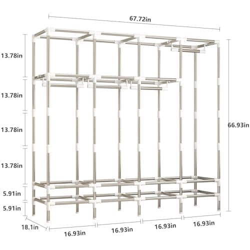 Large Grey Metal Closet with 4 Hanging Rods & Drawers, Non-Woven Dust Cover, 66.93in High, Bedroom Storage