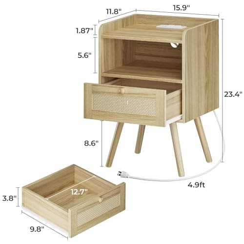 SUPERJARE Nightstands Set of 2 with Charging Station & PE Rattan Drawer, Solid Wood Feet - Natural
