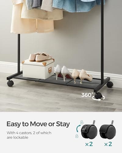 SONGMICS 25.4 mm Metal Coated Clothes Rack with Dense Mesh Shelf, 110 lb Capacity, 2 Brakes, Black