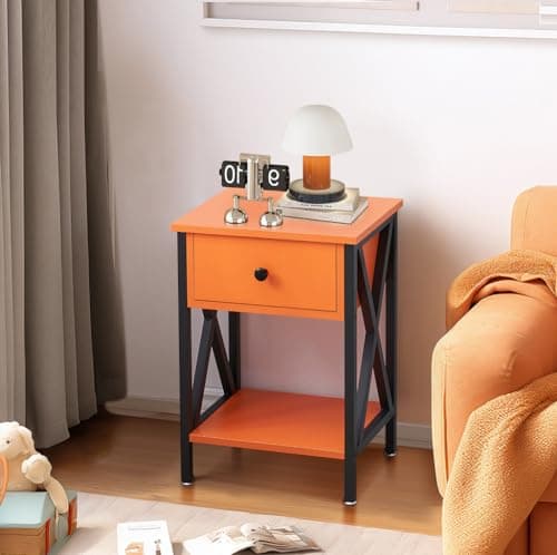 VECELO Modern Bedside Table with Drawer & Shelf, Industrial Metal Frame