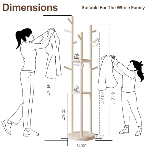 KungFuWood KASLANDI Solid Wood Coat Rack, 3 Shelves 9 Hooks, White