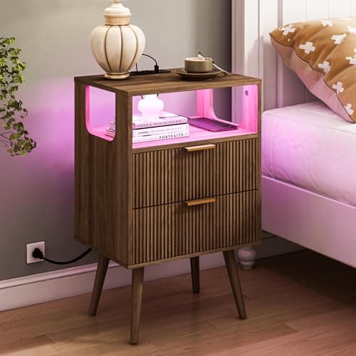 Modern Black Nightstand with Charging and LED Lights, 2 Drawers and Shelf
