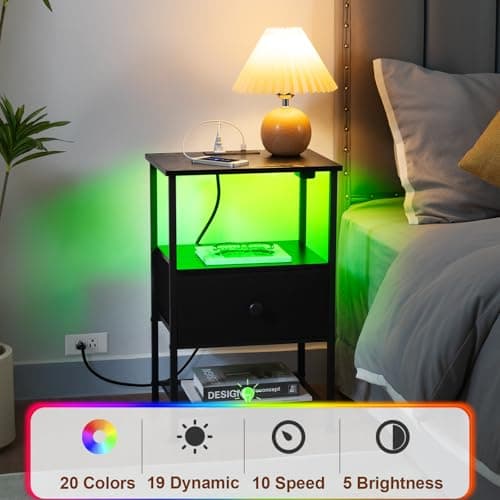 HETS01BK LED Nightstand with Charging Station & Fabric Drawer