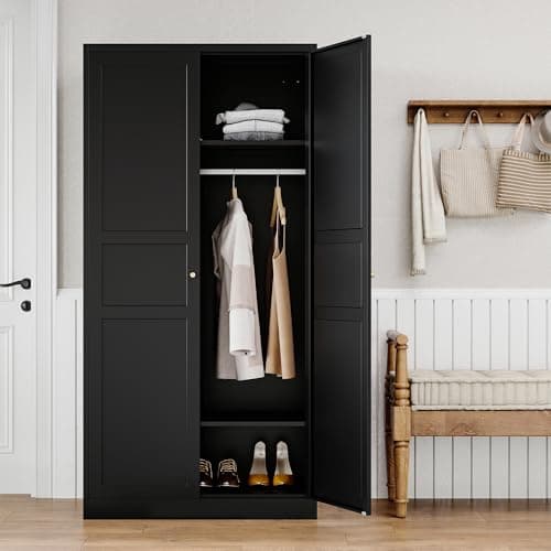Black Metal Armoire Wardrobe 72" with Doors & Hanging Rail (Assembly Required)
