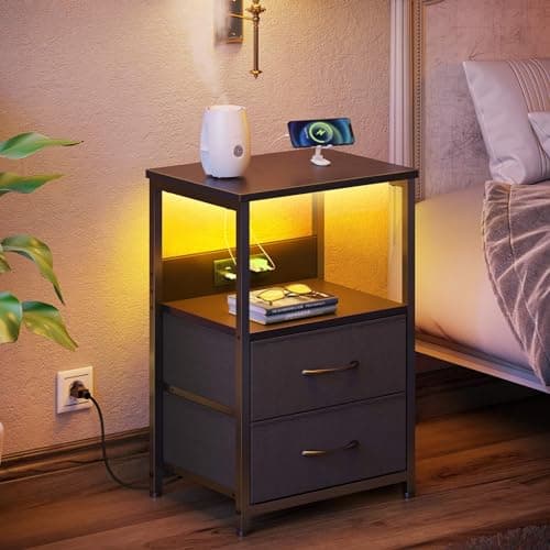 Seventable Black Nightstand with Charging & LED Lights, 3-Tier Storagedrawer