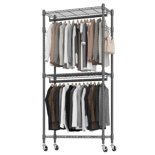 BATHWA Narrow 2-Tier Garment Rack for Saving Space, Portable with Wheels & Double Rods