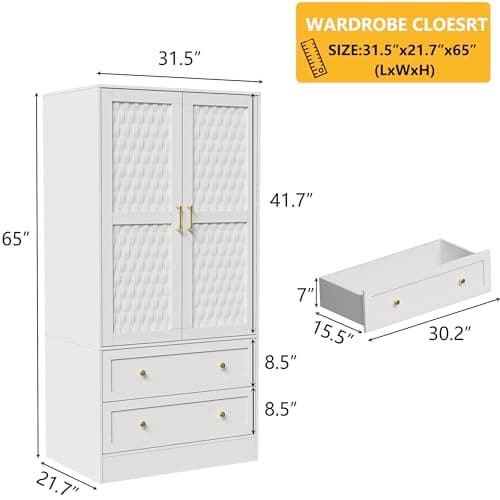 PAKASEPT Freestanding Wooden Armoire Wardrobe with Drawers and 2 Woven Doors