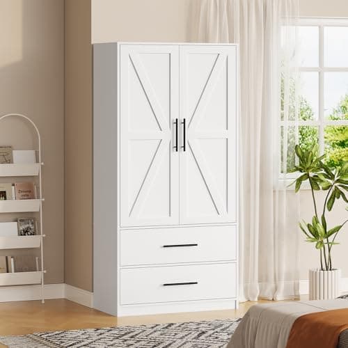 HOOBRO 70.9" Tall Wooden Farmhouse Wardrobe with 2 Drawers & Doors, White