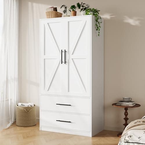 HOOBRO 70.9" Tall Wooden Farmhouse Wardrobe with 2 Drawers & Doors, White