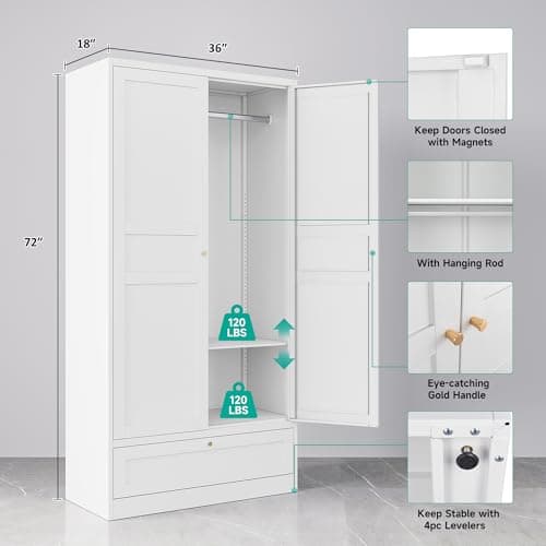 White Metal Armoire Wardrobe with Drawer & Rod, Adjustable Shelves
